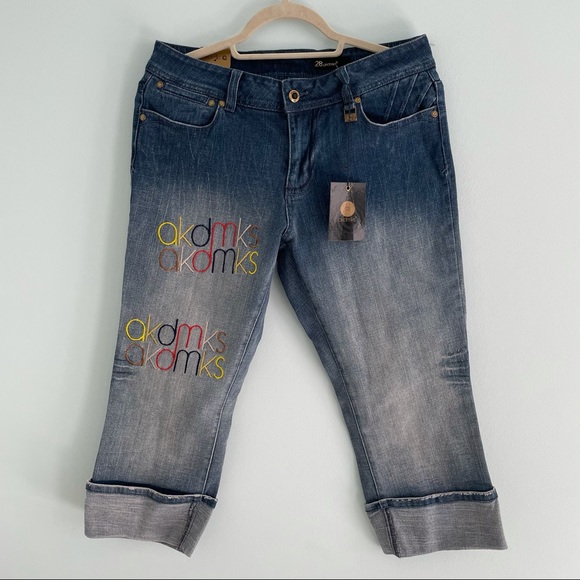 NWT Ankle Jeans with Embroidery and Graffiti Decorations Medium Wash by AKDMKS - Picture 2 of 9